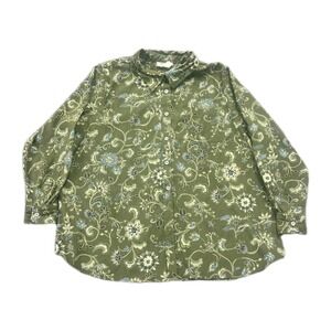 Mainstreet Blues Shirt Womens 1X Olive Green Multicolor Floral Stretch Button Up